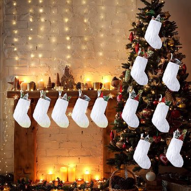 12 Pcs 10 Inch Snowy White Christmas Stockings Faux Fur Christmas Stockings Furry Christmas Stocking Hanging Ornaments Candy Gift Bags Fireplace Hanging Stocking for Decorations Xmas Tree